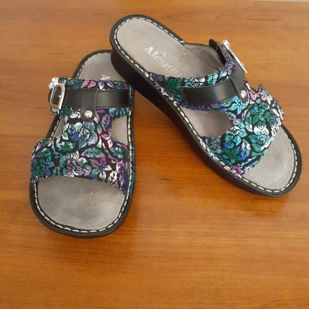 Alegria Metallic Floral Slide Sandals